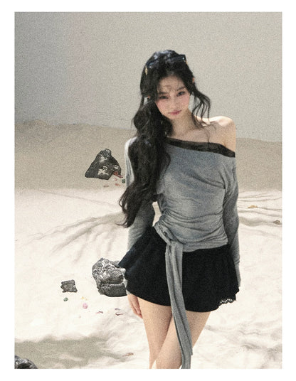 "Free Spirit" Moon Mist Gray Faux-Layer One-Shoulder Lace Top