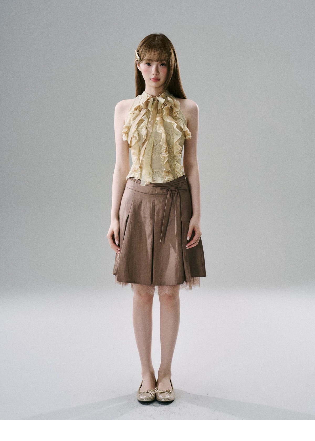 LOST FOREST - Warm Gold Acetate Lace Ruffle Halter Top