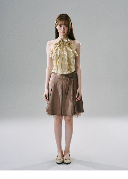 LOST FOREST - Warm Gold Acetate Lace Ruffle Halter Top