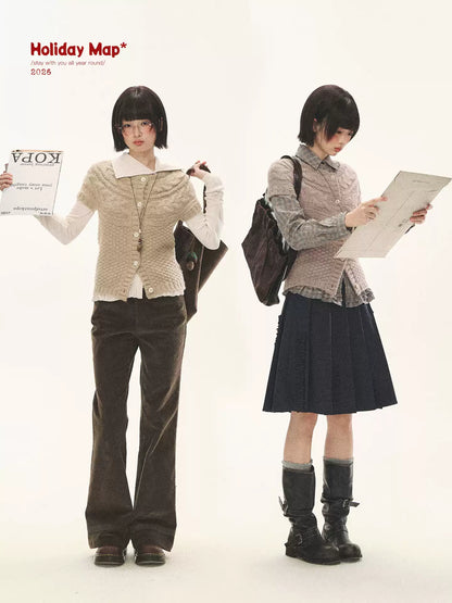 "Rice Knit" Wool-Blend Short Sleeve Knit Cardigan (Moss Coffee Green/ Dusk Dusty Pink)