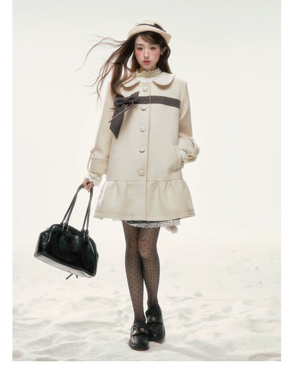 BIBIBENCY - Ivory Wool-Blend Coat with Gray Bow Detail