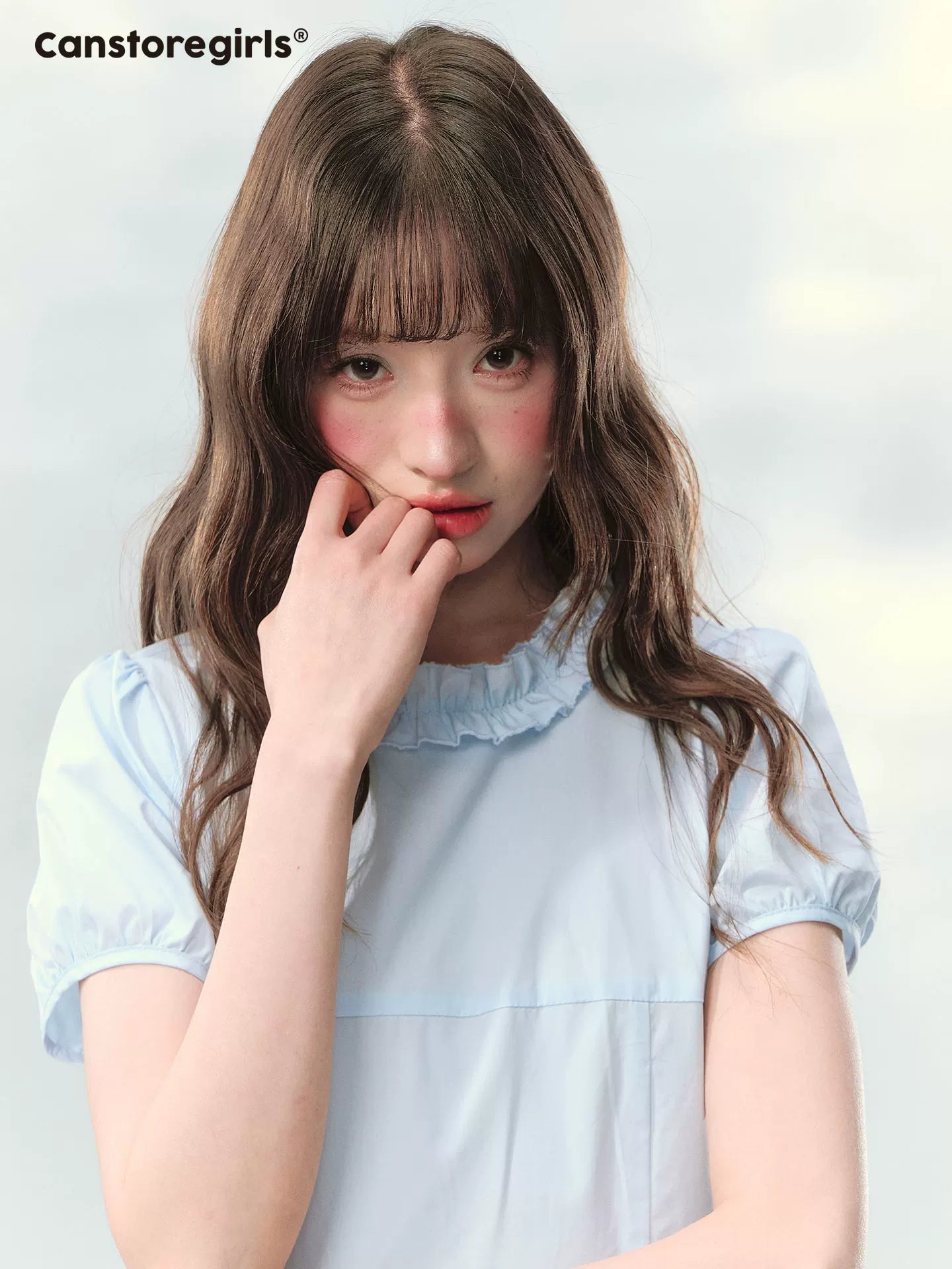 “Cloudside Blue” Mist Blue Puff Sleeve Midi Dress LL2026123