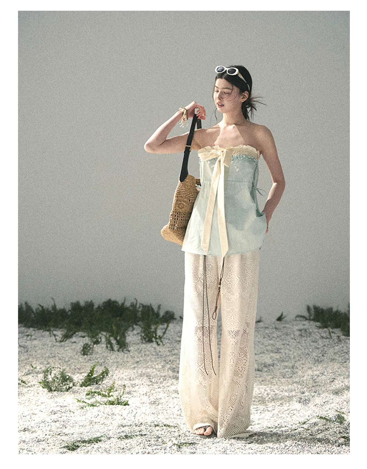 “Blue Whispers on Ivory” Mint Ruffle Bustier Top