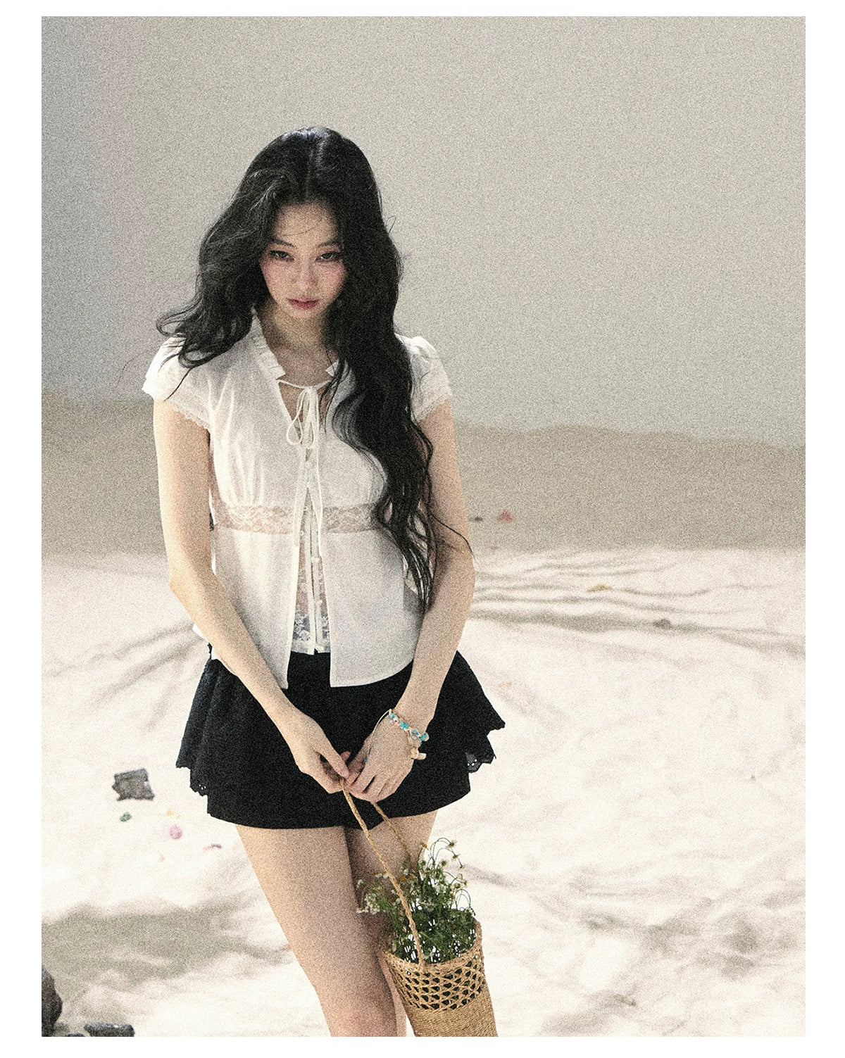 "Lace Between the Lines" Frost White Faux-Layer Cropped Shirt