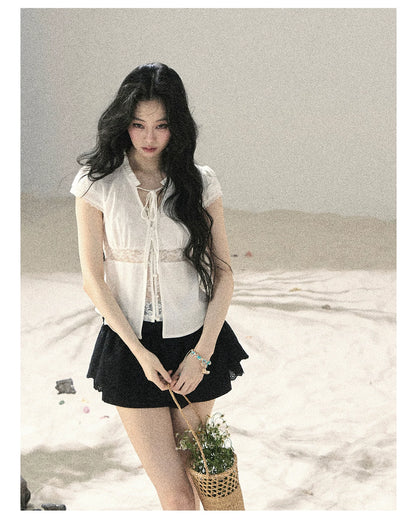 "Lace Between the Lines" Frost White Faux-Layer Cropped Shirt