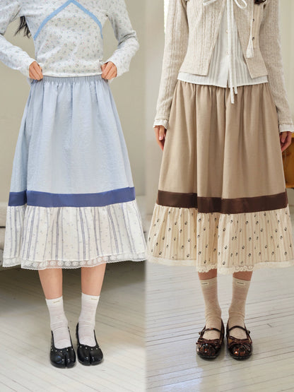 DAILY ARTIST - Light Blue Color-Block Floral Lace-Trim A-Line Skirt