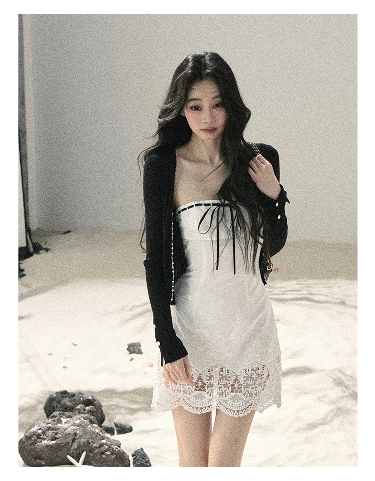 "Moonwoven Reverie" Cloud White Lace Bodycon Mini Dress & Serenity Black Cardigan 5132