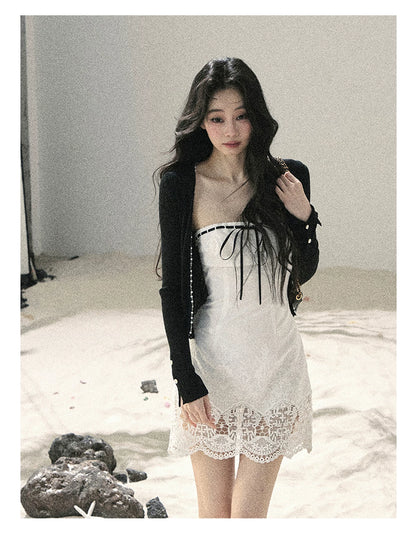 "Moonwoven Reverie" Cloud White Lace Bodycon Mini Dress & Serenity Black Cardigan 5132
