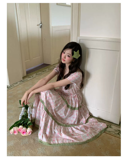 “Wildflower Green Grape” Pink Floral Tiered Dress