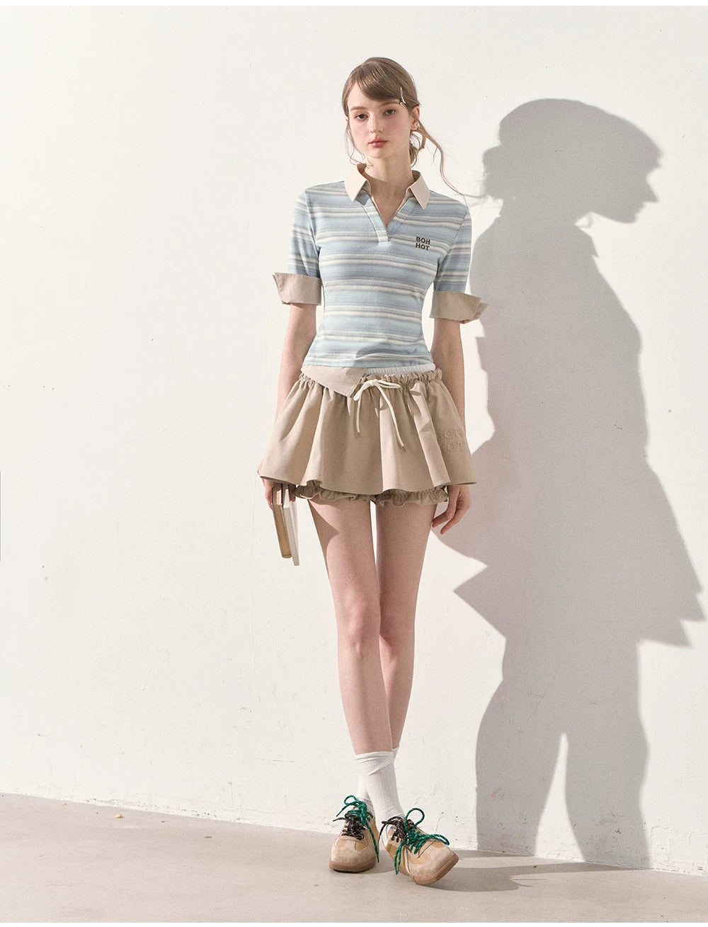 "The Space Between" Beige Drawstring Bubble Mini Skirt