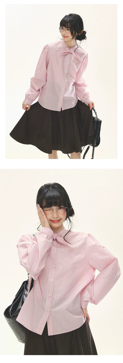 "Blush Poetry" Pink Stripe Cotton Bow Blouse