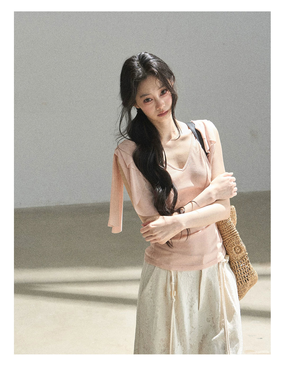 "Where Clouds Fall" Ruffle Sleeve V-Neck Crop Top (Forest Green/ Sage Gray/ Misty Blue/ Cinnamon Pink)