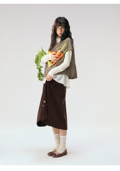 [CAN] “Autumn Plaid Letter” Brown Houndstooth Asymmetric Collar Top