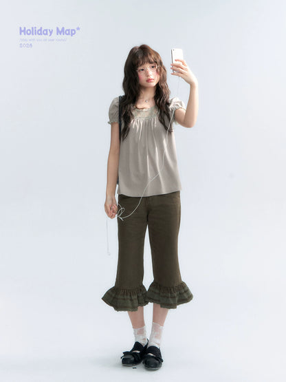 "Vintage Cream" Milk Gray Lace Trim Puff Sleeve T-Shirt