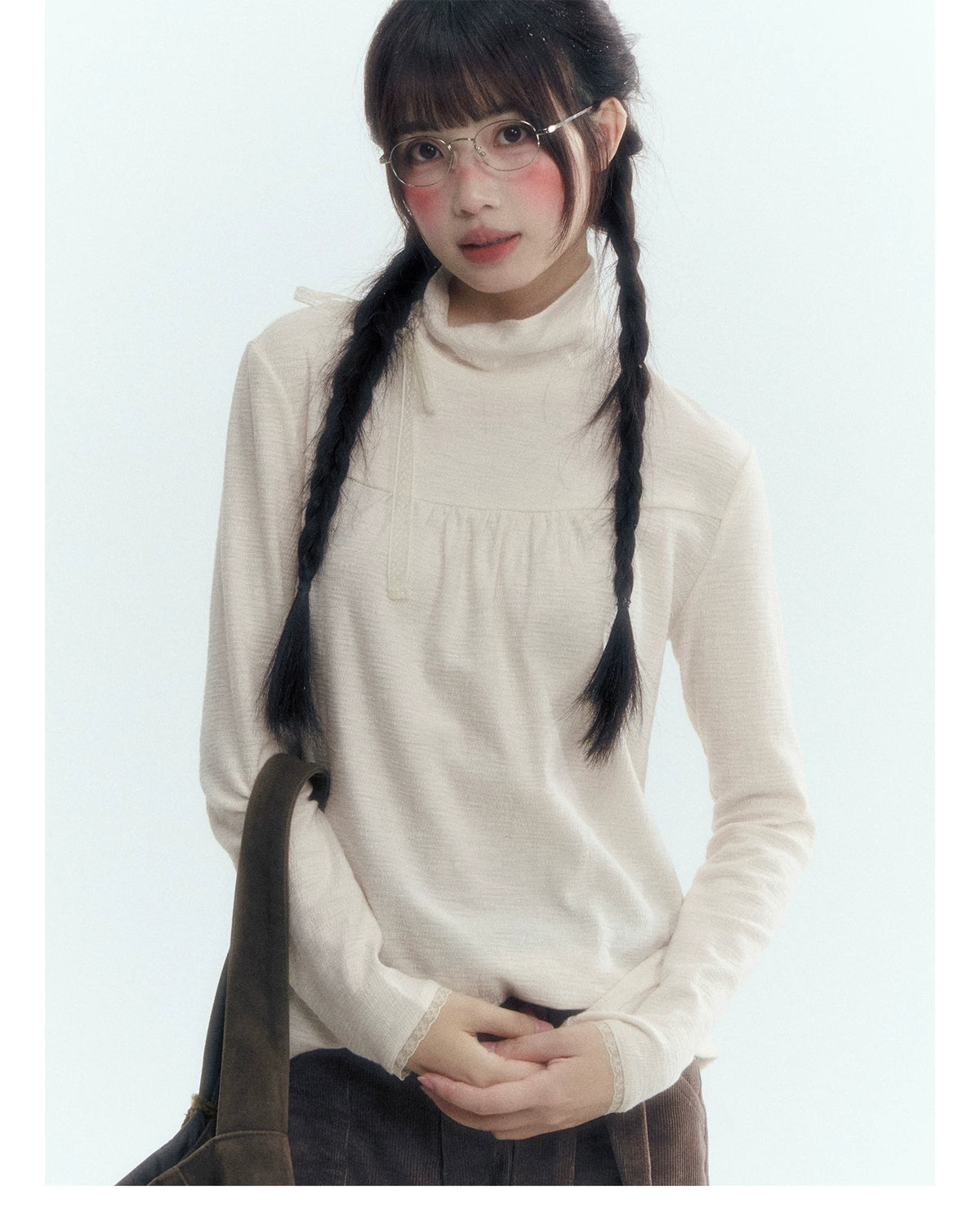Floral Bow Lace-Tie Knit Top (Gray Floral / Light Khaki Beige)