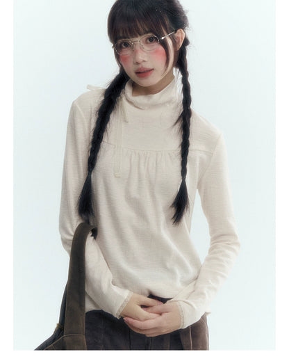 Floral Bow Lace-Tie Knit Top (Gray Floral / Light Khaki Beige)