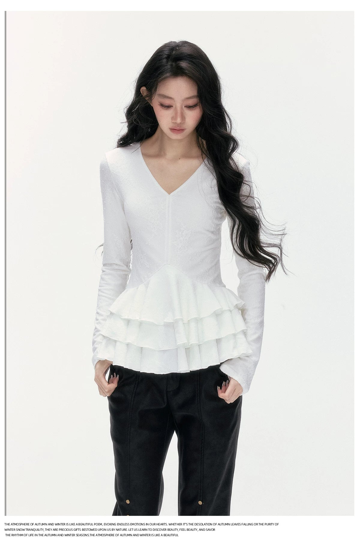 24olvides - V-Neck Lace Top with Tiered Hem (White / Khaki)