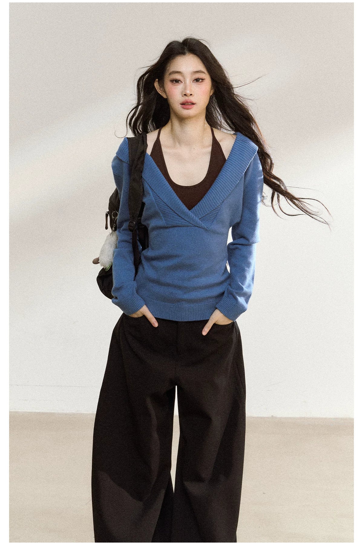 JN's DESIGN - Blue Knit Sweater with Brown Cami Set