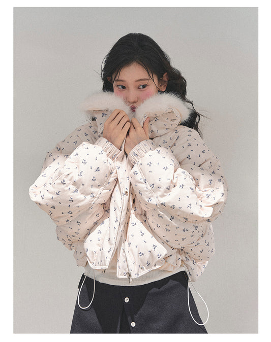 少也眼 Oatmeal Short Down Jacket with Detachable Faux-Fur Collar 784651