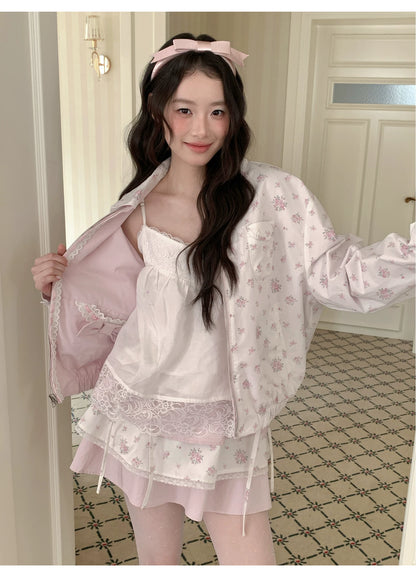 [RF] “Blush Meadow” White & Pink Floral Reversible Jacket and Mini Skirt Set