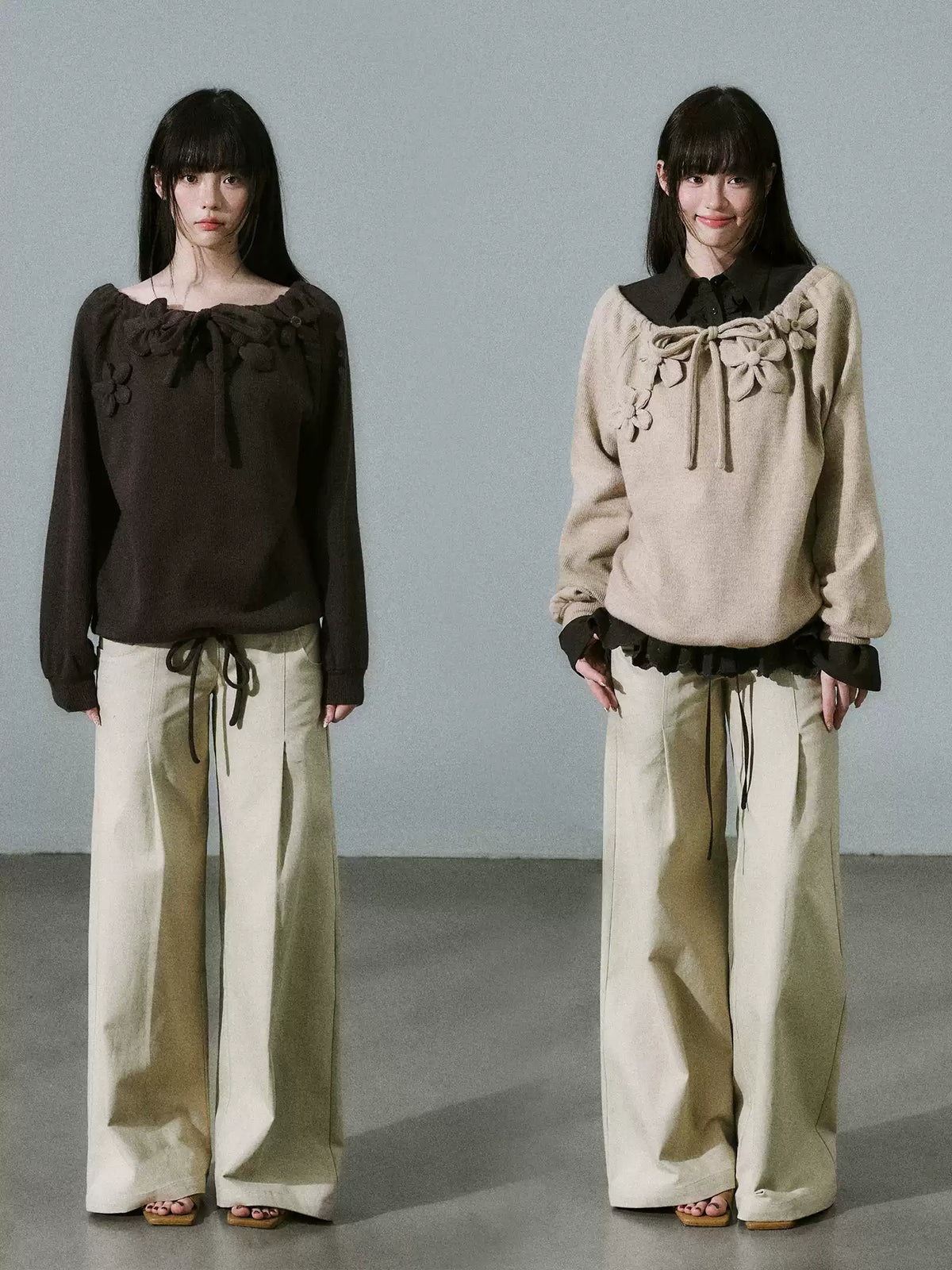 LOST FOREST - Deep Brown Japanese Sweet Girl Handmade Floral Knit-Texture Sweatshirt