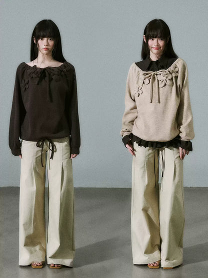 LOST FOREST - Deep Brown Japanese Sweet Girl Handmade Floral Knit-Texture Sweatshirt