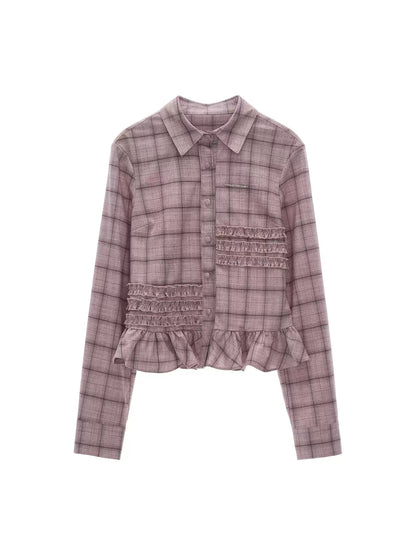 MAMC - Pink Ruffle Hem Plaid Striped Shirt