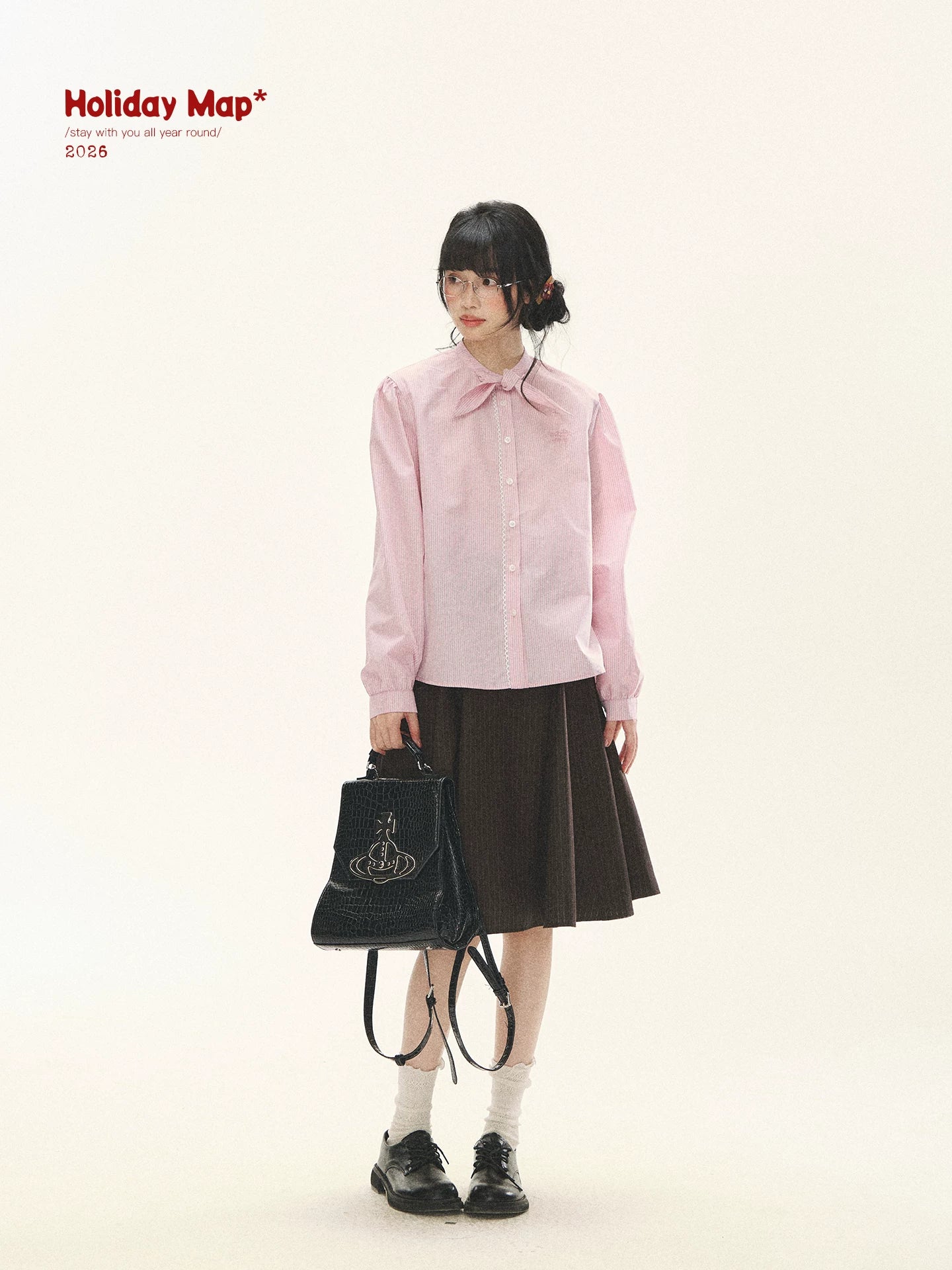 "Academy Memoir" Chocolate Brown Stripe Blazer & Pleated Skirt Set