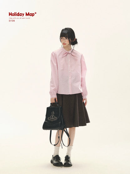 "Academy Memoir" Chocolate Brown Stripe Blazer & Pleated Skirt Set