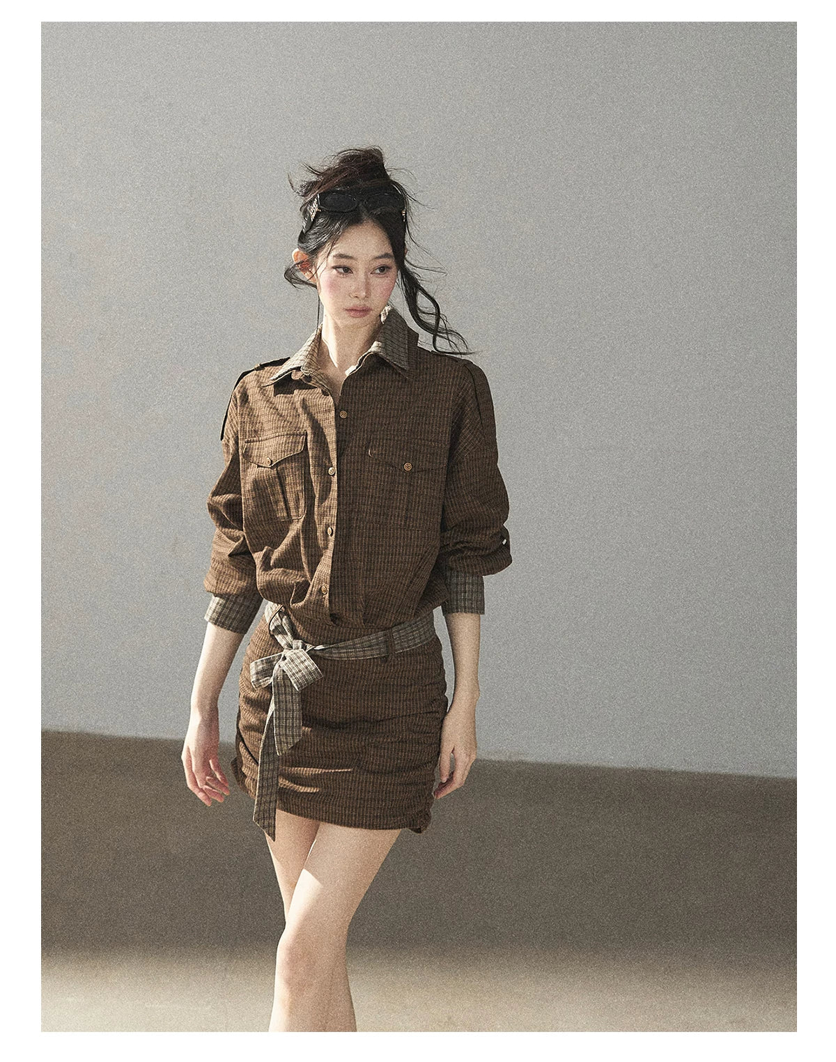 AOMALM - "A Promise Beneath the Oak" Crabapple Brown Plaid Shirt Dress with Belt