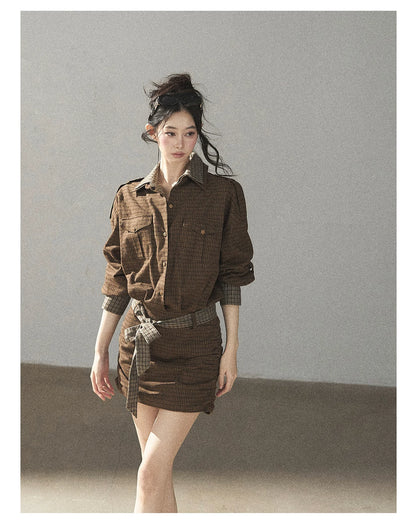 AOMALM - "A Promise Beneath the Oak" Crabapple Brown Plaid Shirt Dress with Belt