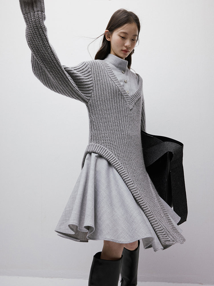 FUSSED Noise Irregular Knit Patchwork V-Neck Sweater Dress FOF-25SS023