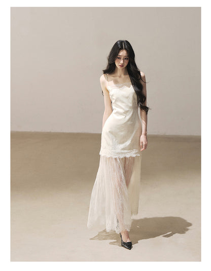 170726 "Your Open Meadow" Cream Apricot White Lace Slip Dress + Gray Taupe Tailored Blazer