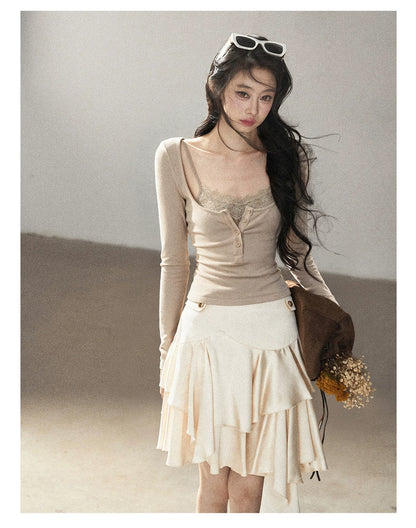 AOMALM - "Dappled Tree Shadows" Oat Beige Korean Lace Camisole Long-Sleeve Top Set
