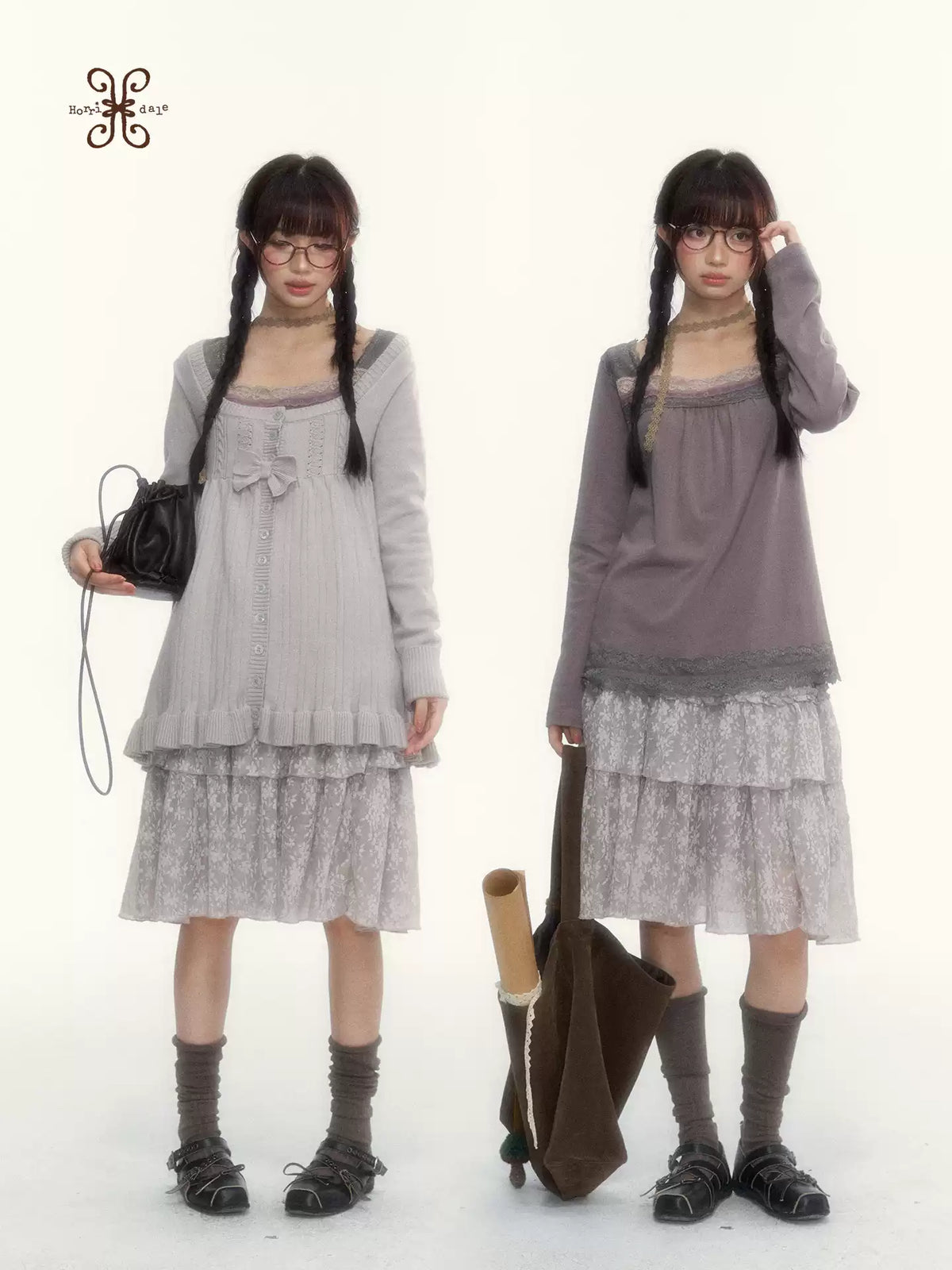 Gray Purple Lace-Trimmed Square-Neck Long-Sleeve T-Shirt