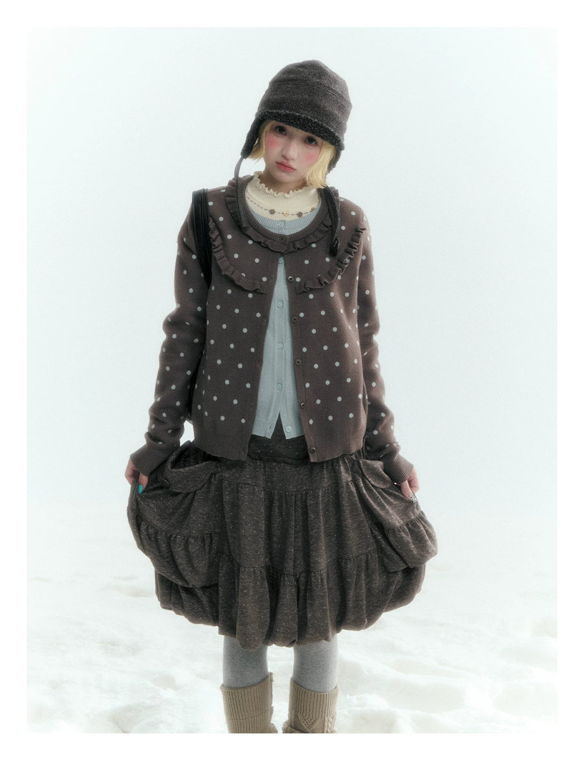 Dark Taupe Brown Polka Dot Layered Knit Sweater