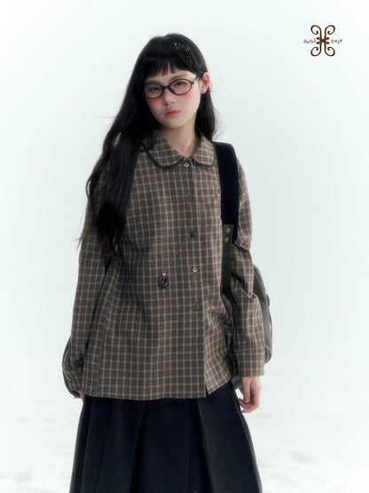 Horridale - Brown Khaki Plaid Embroidered Peter Pan Collar Shirt