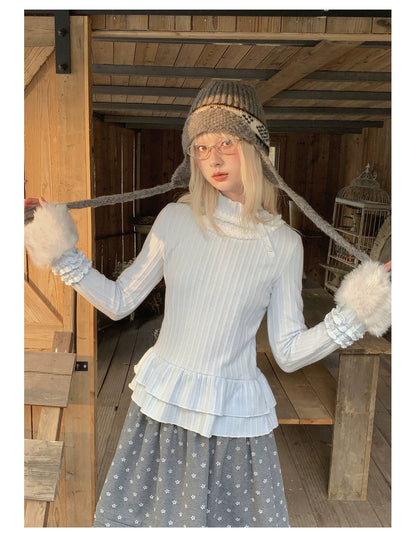 RF - Light Blue Ribbed Knit Top with Lace Collar and Double Ruffle Hem