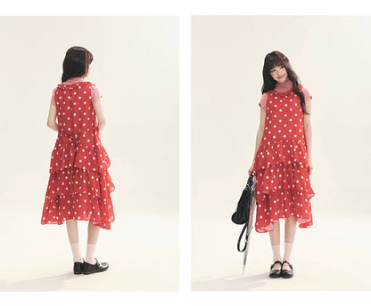 "Polka Dot Layers" Red Polka Dot Tiered A-Line Maxi Cami Dress