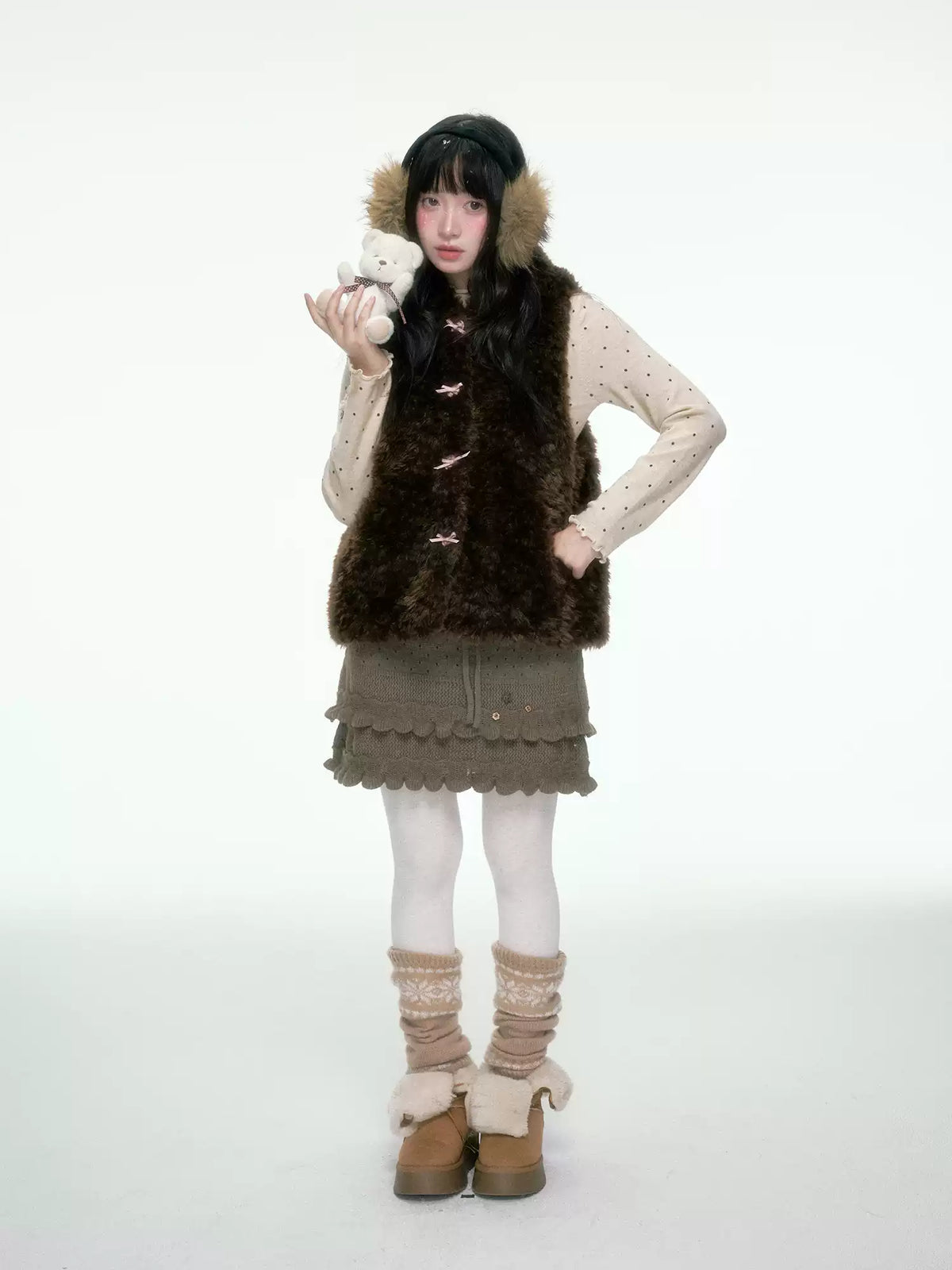 BIBIBENCY - Brown Faux Fur Hooded Vest with Toggle Closures
