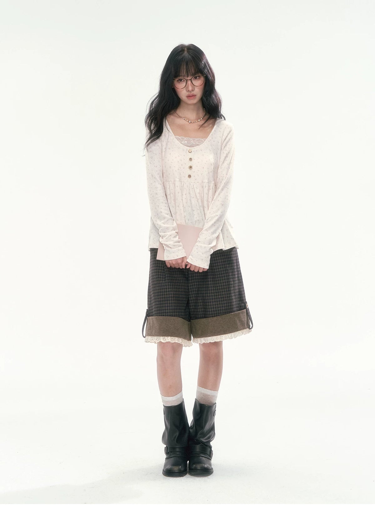 CAN - "A Meadow of Dreams" Apricot Beige Floral Lace-Trim Ruched Top