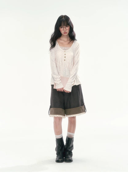CAN - "A Meadow of Dreams" Apricot Beige Floral Lace-Trim Ruched Top