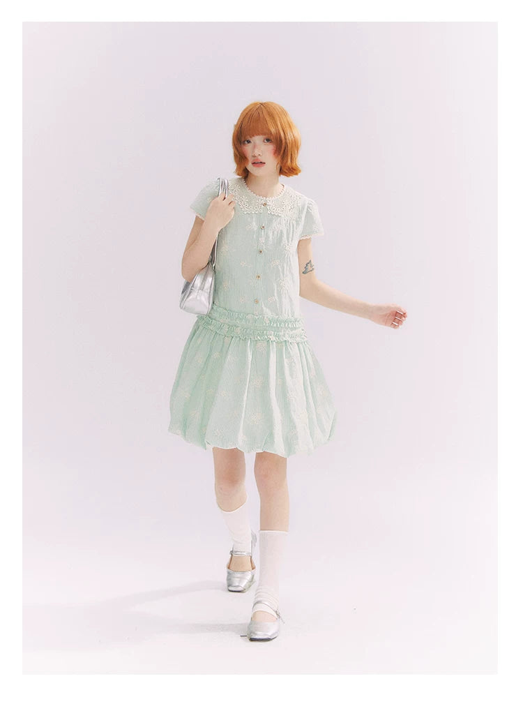 “Mint Lime” Green Stripe Lace Babydoll Dress