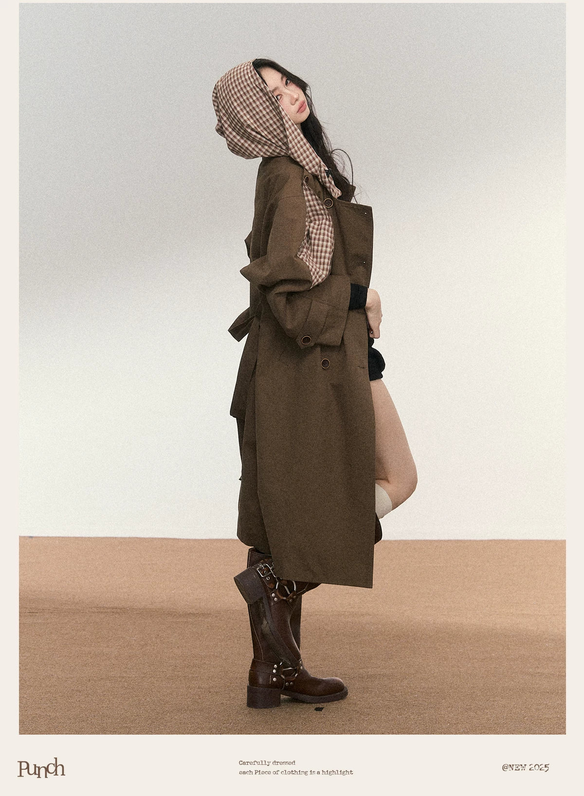 JN's DESIGN - Vintage Plaid Panel Hooded Trench Coat