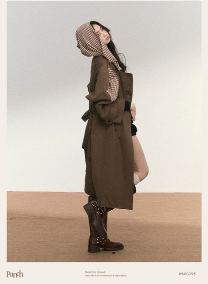 JN's DESIGN - Vintage Plaid Panel Hooded Trench Coat