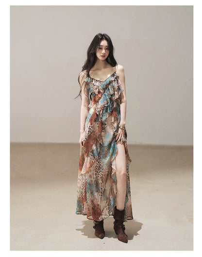 "She Never Looks Back" Peacock Blue Leopard Chiffon Maxi Dress