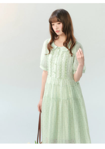"Hyacinth Ballad" Sage Green Polka Dot Tiered Dress LL2026210