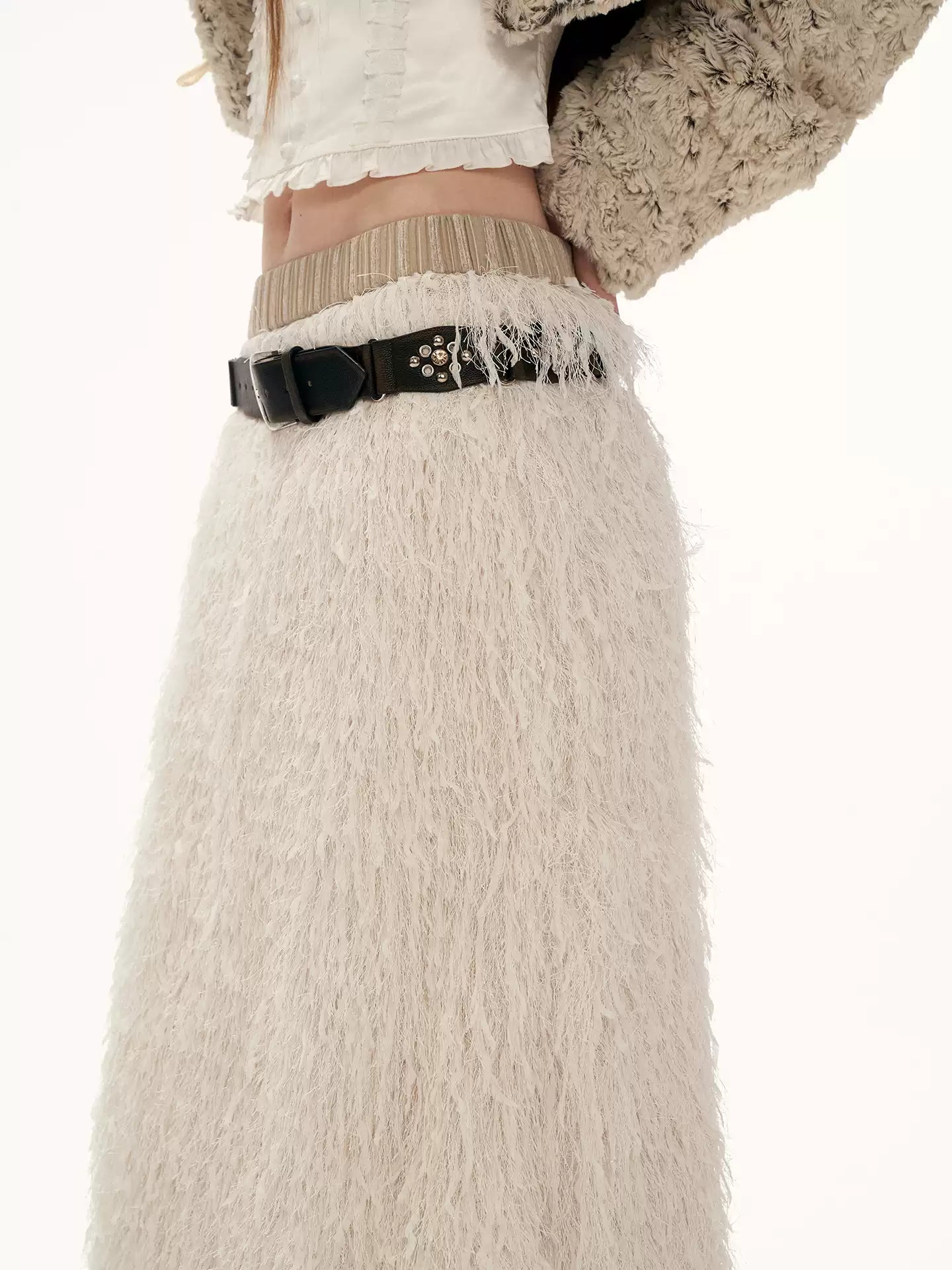 MAMC - Beige 3D Feathered Midi Skirt WE851