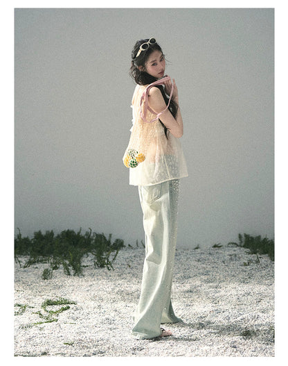 “Shattered Glasslight Veil” Cream Lace Halter Twinset Top