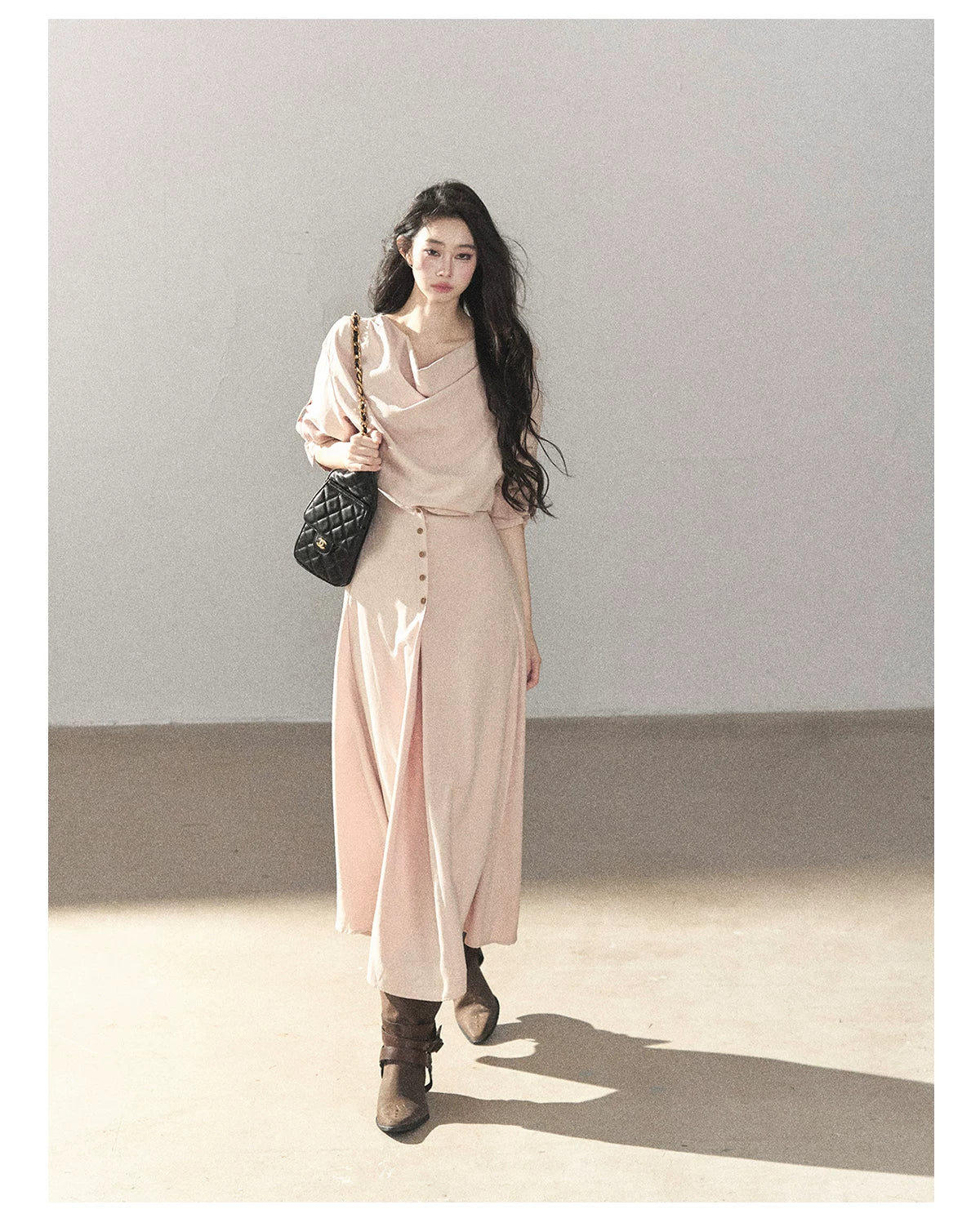 AOMALM - Cinnamon Pink Draped-Neck A-Line Maxi Dress